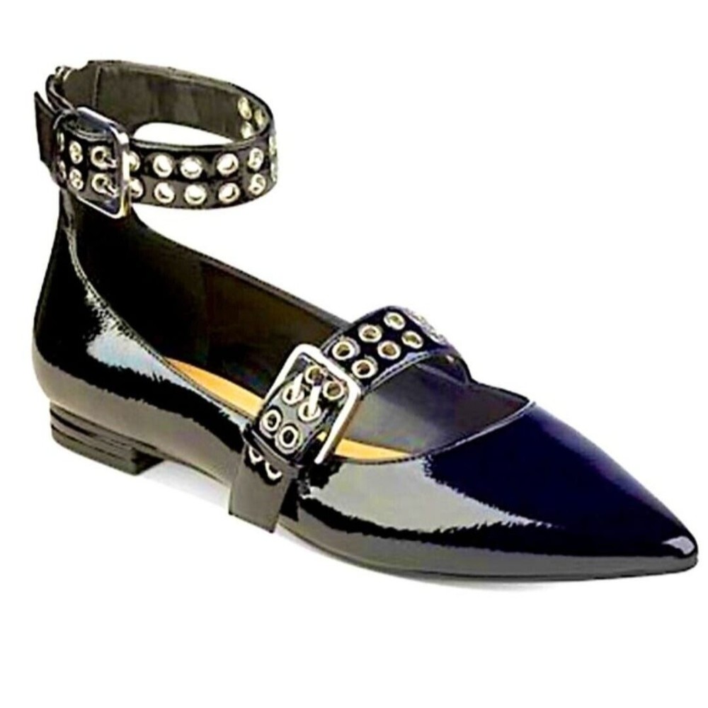 Marc Fisher Alen Two Strap Grommet Black Leather Flat Point Toe Women Sz.6.5